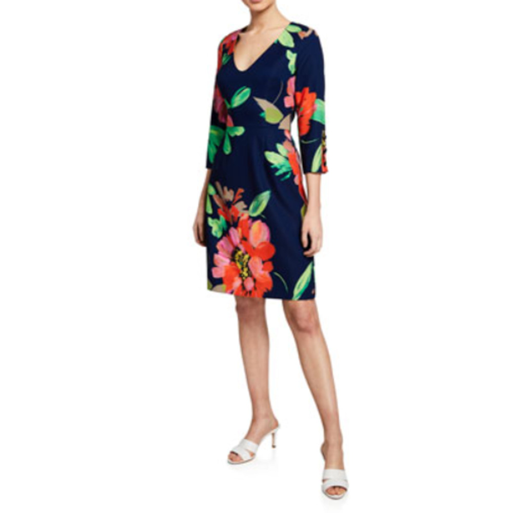 TRINA TURK new Picturesque floral Smoothie 3/4 sleeve blue pink sheath dress